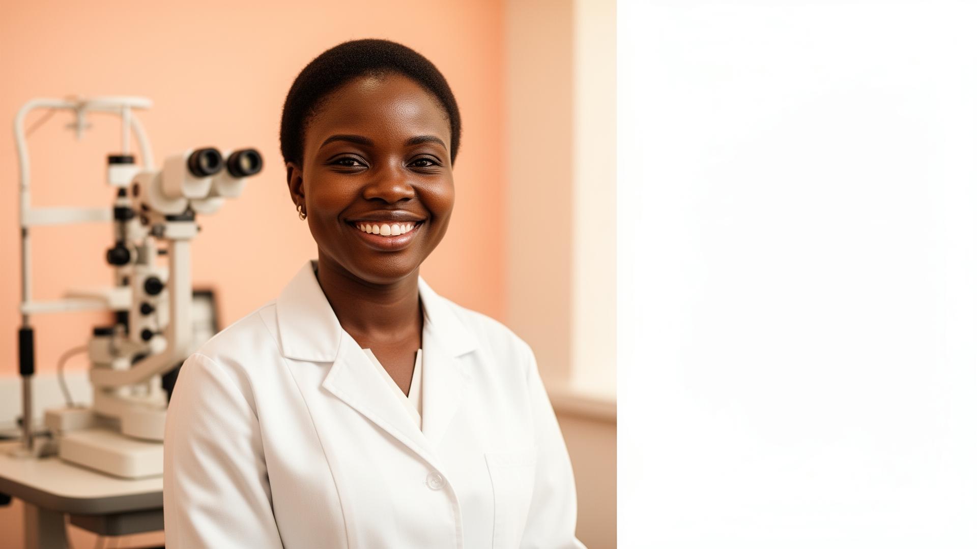 Smiling South African optometrist in a modern clinical practice