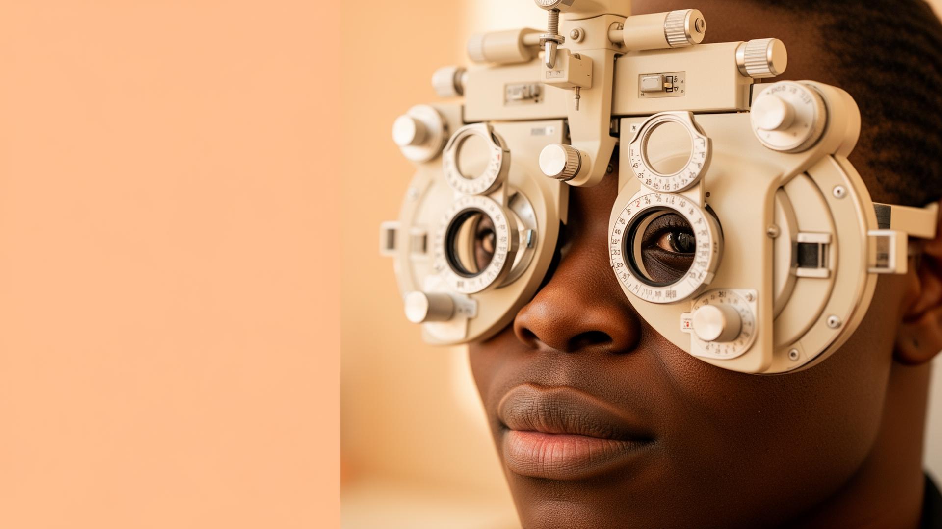 South African patient receiving an eye examination through a phoropter